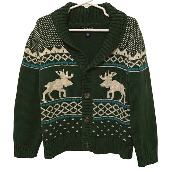 Boys Fair Isle Moose Cardigan Sweater 5T Green Nordic Grandpacore Preppy Classic - Picture 1 of 5